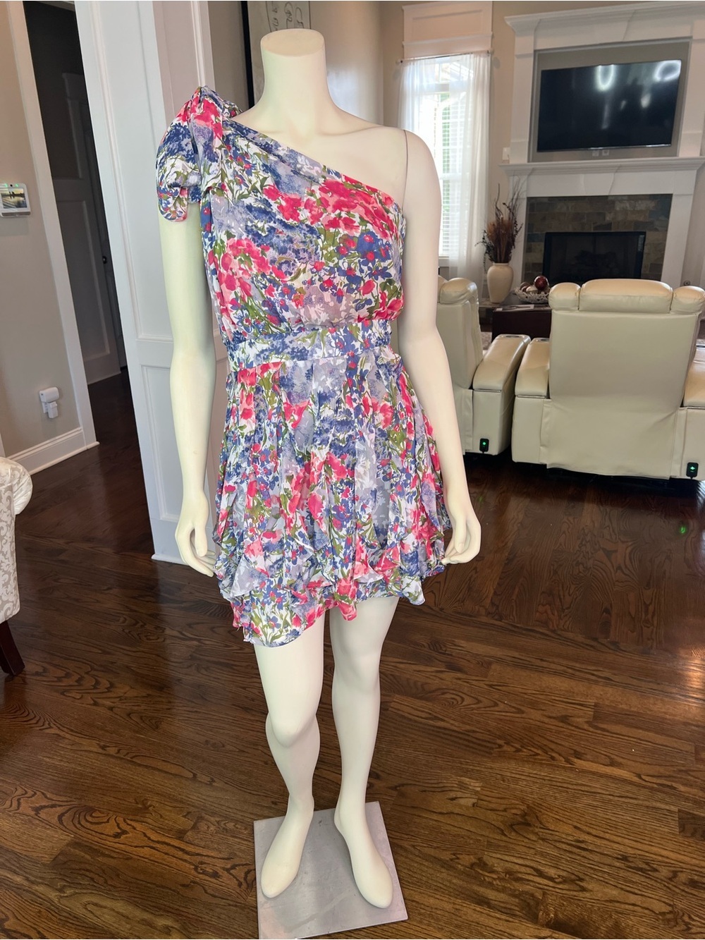 MM Couture One-Shoulder Floral Mini Dress in Pink, Purple, Blue